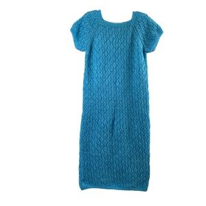 Vintage 70's‎ Handmade Knitted Dress Womens Medium Turquoise Blue Midi
